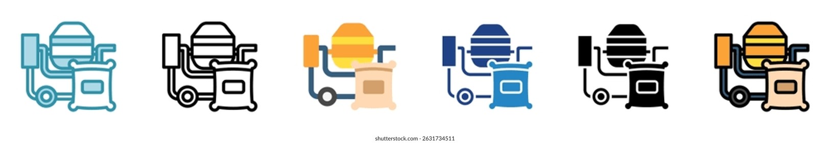 Cimento multi estilo, mini ilustração ícone conjunto. contorno, plano, glifo, cor da linha. vetor para IU, UX, aplicativo, web, digital ou impressão, relacionado à indústria, construção, engenharia civil.