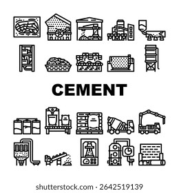 produção de cimento clínquer ícones definir vetor. forno, gesso calcário, pedreira, moagem moinho, calcinação, hidratação, pozolana produção de cimento clínquer preto contorno ilustrações