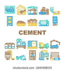 produção de cimento clínquer ícones definir vetor. forno, gesso calcário, pedreira, moagem moinho, calcinação, hidratação, pozolana produção de cimento clínquer cor linha ilustrações