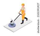 Cement production concrete floor final polishing isometric icon with worker in uniform 3d vector illustration