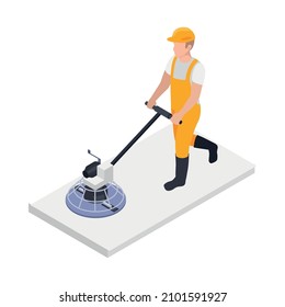 Cement production concrete floor final polishing isometric icon with worker in uniform 3d vector illustration