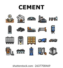 cement production gypsum icons set vector. quarry, grinding, rawmill calcination, hydration, pozzolan aggregate, admixture cement production gypsum color line illustrations