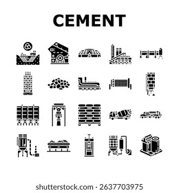cement production gypsum icons set vector. quarry, grinding, rawmill calcination, hydration, pozzolan aggregate, admixture cement production gypsum glyph pictogram Illustrations