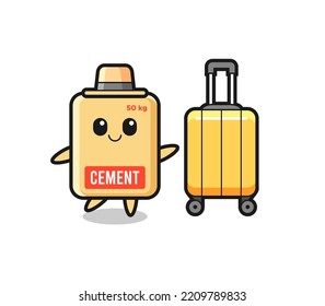 cement sack cartoon illustration with luggage on vacation , cute design