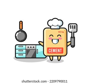 cement sack character illustration as a chef is cooking , cute design