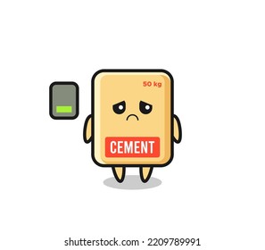 personaje de mascota de saco de cemento haciendo un gesto cansado, diseño lindo