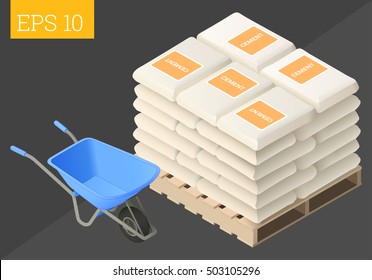 cement sack stacked and wheelbarrow eps10 vector illustration