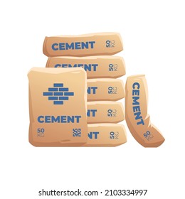 Cement Sacks. Pack bag cemented powder, sack with industry material for construction building, cementing production, industrial bags, cartoon vector illustration. Package with cement, component powder