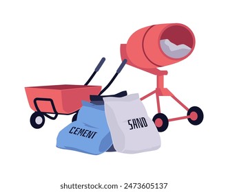 Cement and sand bags, concrete mixer and cart vector flat vector illustration. Construction material and building service, industrial mixing and carriage equipment