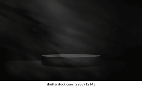 Cement texture with leaves shadow overlay on wall Background,Black Concrete rough surface floor with Grey Marble podium display,Vector scene 3D studio room with copy space for product presentation