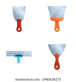 Iconos de pala de cemento conjunto de Vector de dibujos animados. Paleta de metal de varias formas. Herramienta de construcción y reparación