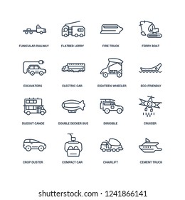 Cement truck, chairlift, compact car, crop duster, Cruiser, funicular railway, Excavators, dugout canoe, eighteen-wheeler outline vector icons from 16 set