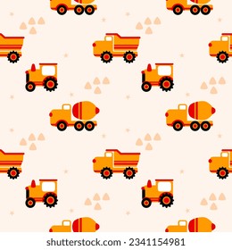 Cement truck dump truck tractor yellow cartoon so cute. On mound of soil and star background. Pattern seamless vector illustration.
