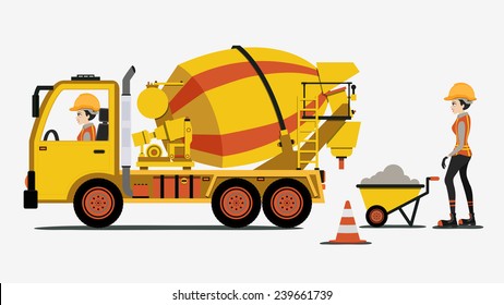 Cement Truck With Female Engineers And Construction Equipment.