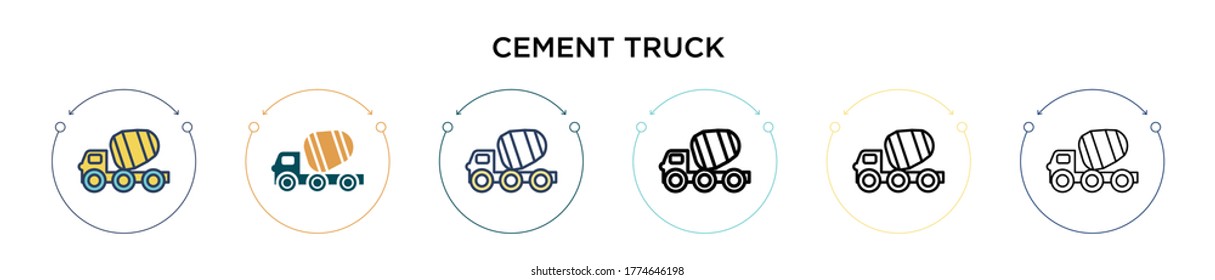 Cement truck icon in filled, thin line, outline and stroke style. Vector illustration of two colored and black cement truck vector icons designs can be used for mobile, ui, web