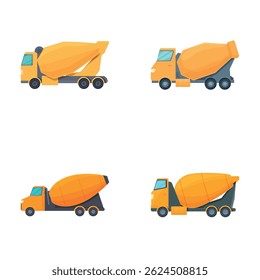 Os ícones do caminhão de cimento definem o vetor do desenho animado. Caminhão de betoneira. Máquinas para construção