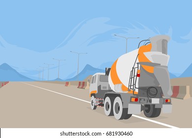 Cement truck scene vector construction and transportation background
