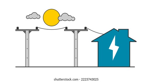 Poste eléctrico de voltaje de cemento que transmite electricidad a la casa de construcción con doodle de sol y nubes sobre el fondo blanco diseño de icono de vector plano.