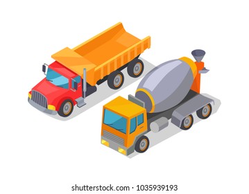 Cement-mixer and lorry poster with cars and transports used in construction of buildings, cement-mixer and truck, isolated on vector illustration