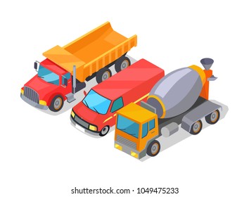 Cement-mixer and trucks set of machines, lorry and cement-mixer, equipments for construction and building, vector illustration, isolated on white