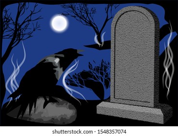 cemetary night. crow in night cemetery