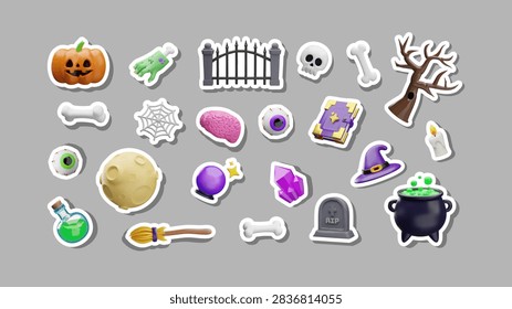 Cemetery 3D collection vector stickers set. Cartoon gravestone burial, tombstone, cemetery or tomb. Creepy zombie hand with bone, monster eye, skull, bone. Halloween, funeral concept