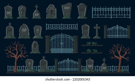 Cemetery 8 bit pixel game asset. Gravestone, fence, graveyard and halloween landscape. Isolated vector pixelized retro funeral tombstone, headstone, trees, plants and metal fencing with gates svg