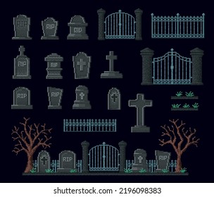 Cemetery 8bit pixel game assets, gravestone, fence, graveyard and Halloween vector, landscape. 8 bit pixel art game or video arcade assets of Halloween night tombstone and graves with fence gates