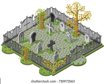 Cemetery in autumn. 3D isometric view. Vector illustration.