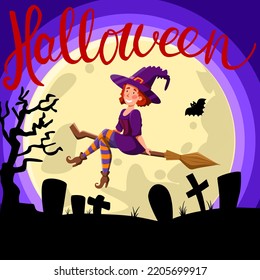 Cemetery background with a big moon. The witch is flying on a broom. The concept of the Halloween holiday.