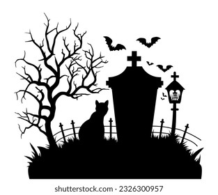 Cemetery background. Black rickety cross with graveston and rusty railing withered tree with bats and cat silhouette.