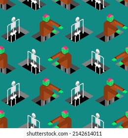 Cemetery background. Skeleton coming out of grave pattern seamless. 