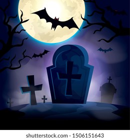 cemetery with bat flying in halloween scene