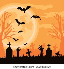 cemetery with bats flying halloween scene