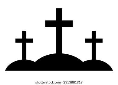 Cemetery black silhouette. Graves with crosses for Halloween design. Cemetery icon. Vector illustration isolated on white background.