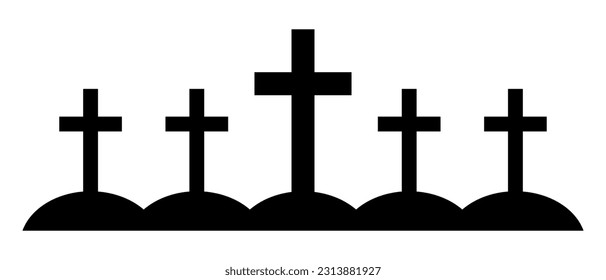 Cemetery black silhouette. Graves with crosses for Halloween design. Cemetery icon. Vector illustration isolated on white background.