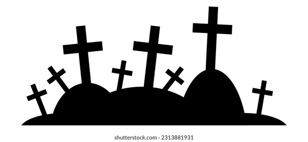 Cemetery black silhouette. Graves with crosses for Halloween design. Cemetery icon. Vector illustration isolated on white background.