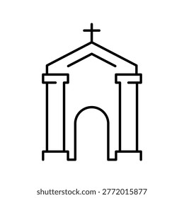 Cemetery chapel icon. Architecture and cemetery line symbol. Black and white.