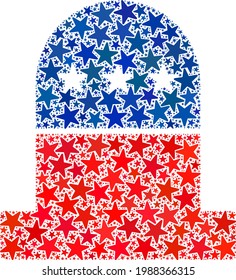 Cemetery collage of stars in variable sizes and color tinges. Cemetery illustration uses American official blue and red colors of Democratic and Republican political parties, and star parts.