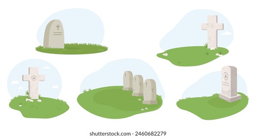 Cemetery. Collection of grave crosses, tombstones, stone graves in grass. Isolated vector illustration