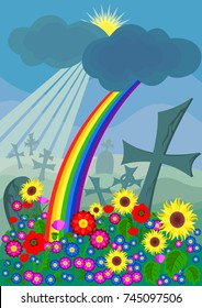 cemetery with colorful flowers and a rainbow
