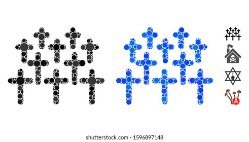 Cemetery composition of filled circles in various sizes and color tinges, based on Cemetery icon. Vector filled circles are united into blue mosaic. Dotted Cemetery icon in usual and blue versions.