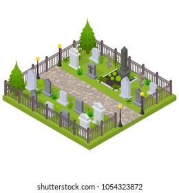 Cemetery Concept 3d Isometric View Element of Map with Grave, Cross and Gravestone. Vector illustration of Graveyard and Tomb