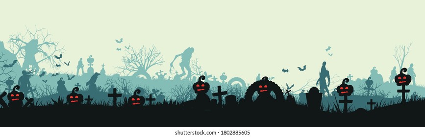 Cemetery concept with monsters, vampires, werewolves, ghosts. Nightmare landscape with dead people. 
panorama for halloween. Vector. EPS10