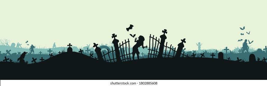 Cemetery concept with monsters, vampires, werewolves, ghosts. Nightmare landscape with dead people. 
panorama for halloween. Vector. EPS10