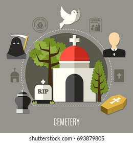 Cemetery concept set with death and church symbols flat vector illustration
