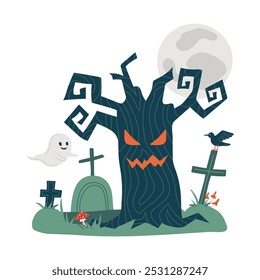 Composición espeluznante de Halloween en el cementerio, luna llena y árbol de miedo, lindo fantasma. Lápidas, tumbas, cruces en el antiguo cementerio en las vacaciones de octubre. Ilustración vectorial aislada