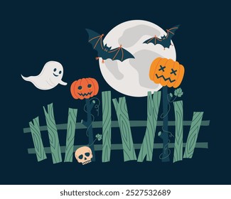 Cemitério assustador cerca de Halloween, lua cheia e abóboras assustadoras, fantasma bonito. Os morcegos voam sobre uma cerca viva contra o céu noturno. Ilustração isolada de vetor