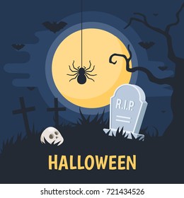 Cemetery with crosses and a skull, bats and spider in the background of the full moon. Halloween night background. Vector illustration