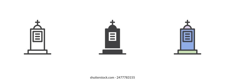 Conjunto de iconos de estilo diferente del cementerio. Línea, glifo y contorno relleno versión colorida, contorno y Vector relleno signo. Símbolo de la tumba, ilustración del logotipo. Vector gráfico